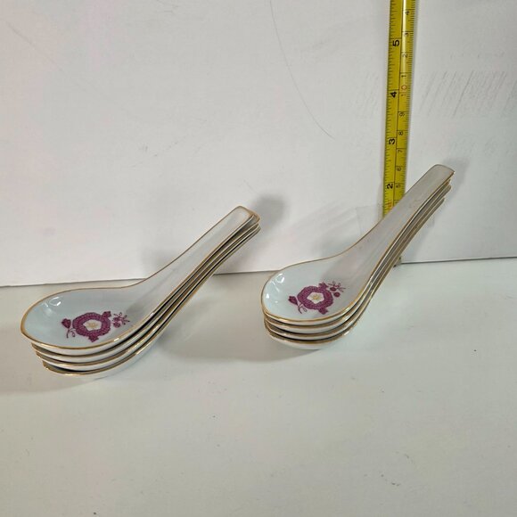 Vintage Chinese Ceramic Spoons White w/ Pink Florals and Gold Trim - Set of 8 - Picture 2 of 3